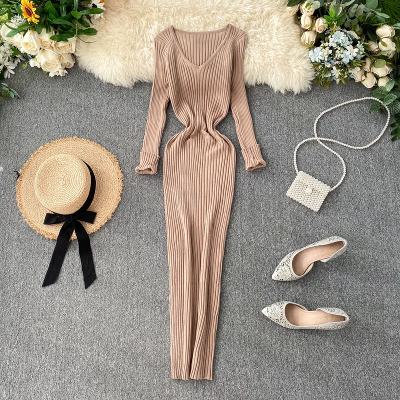 Women's Autumn V-Neck Sexy Slim Elastic Bodycon Knitted Sweater Dress Winter Warm Long Knit Dress