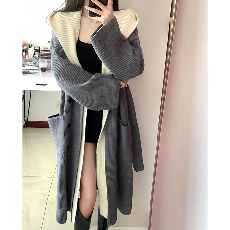 Fake Two-Piece Knitted Cardigan Women Hooded ...