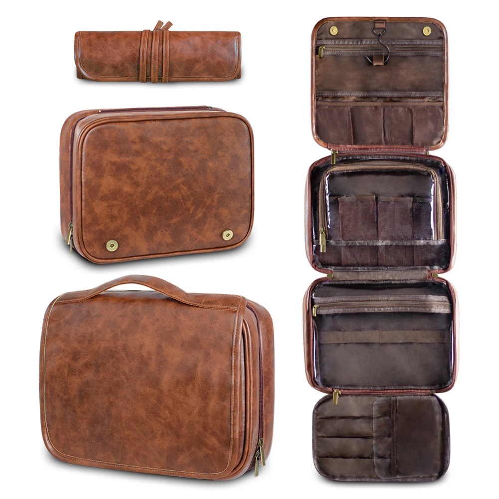 Large Leather Hanging Toiletry Organizer Waterproof Travel Cosmetic And Makeup Bag