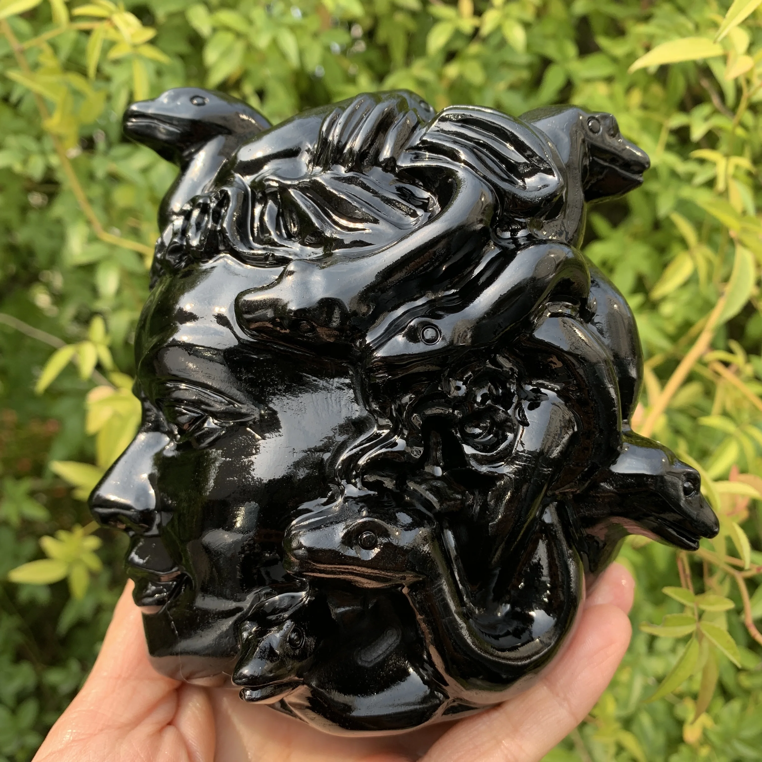 Natural Black Obsidian Carved Medusa Head Portrait Crystal Stone Statue for Wicca Decoration