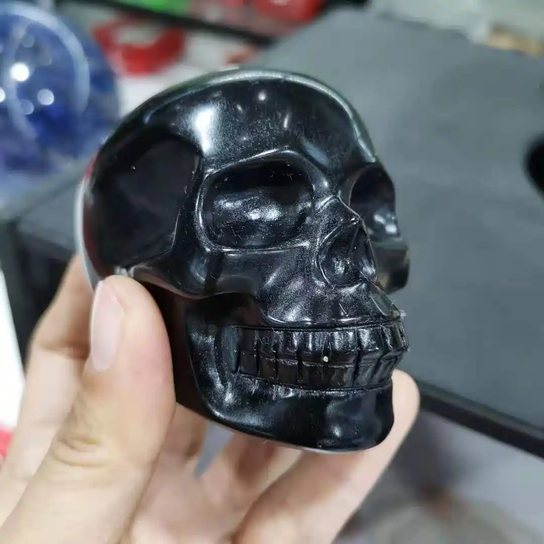 Natural Black Obsidian Skull Carved Gemstone cryst...
