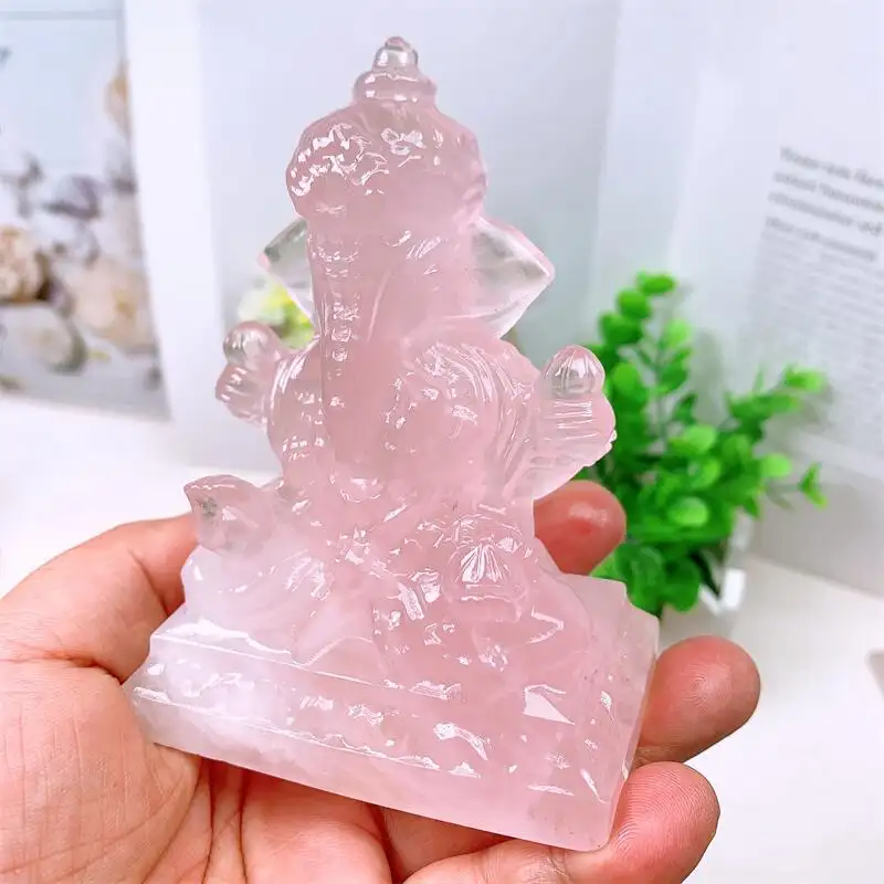 Natural Rose Quartz Ganesha Elephant Carving, Healing Crystal, Animal Figurine, Reiki Carved Stones, Gift, 1Pc, 10cm