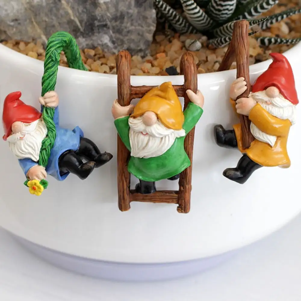 3 PCS Outdoor Creative Elf Tree Climbing Gnomes Sculpture Resin Unique Gnome Statue Ornaments Mini Plant Pot Decor