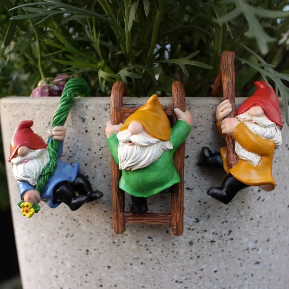 3 PCS Outdoor Creative Elf Tree Climbing Gnomes Sculpture Resin Unique Gnome Statue Ornaments Mini Plant Pot Decor
