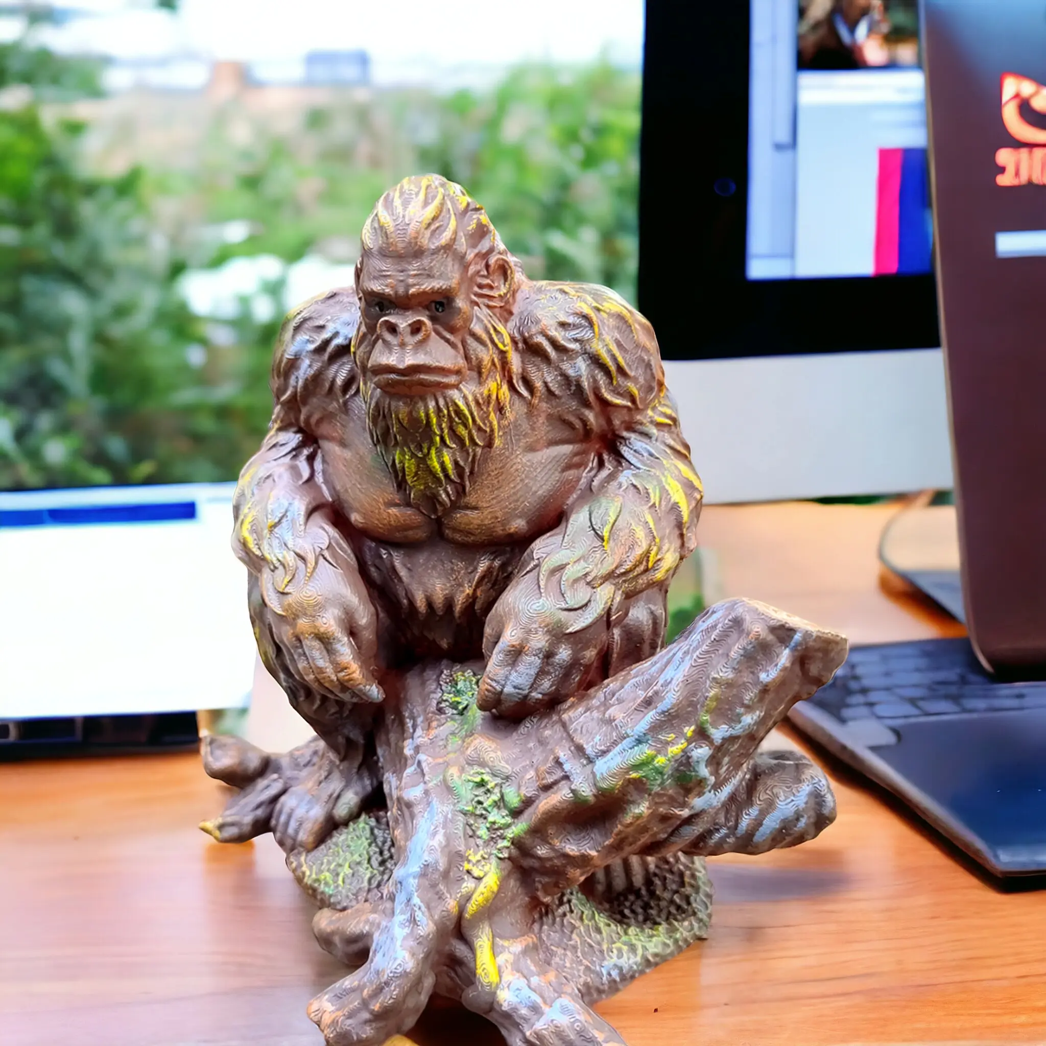 Gorilla Sitting On A Tree Stump Creative Resin Sculpture Outdoor Garden Fountain Rockery Ornaments Bedroom Table Decoration