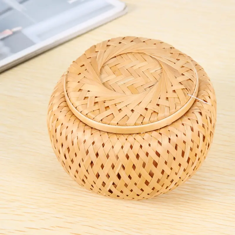 Set Of 2 Small Decorative Bamboo Baskets With Lid For Storing Small Items Handmade And Braided Bamboo Storage Box