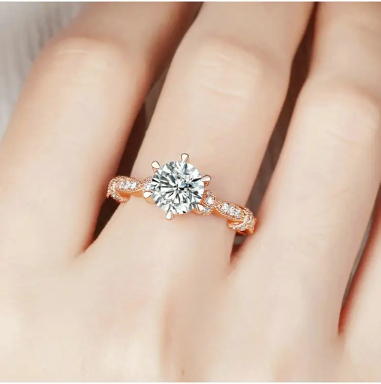 Solid Rose Gold Ring Women Wedding Engagement Party Ring Round Moissanite Diamond Ring