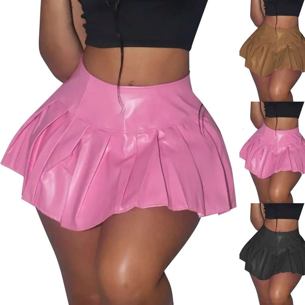 Plaid Pleated Tennis Skirt for Women Stretchy Solid Leather Versatile Design