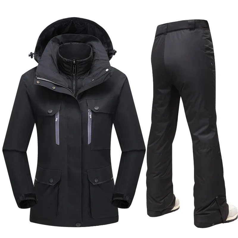 Women's Down Ski Suit Insulated Jacket and Strap Pants Waterproof Snowboard Clothing
