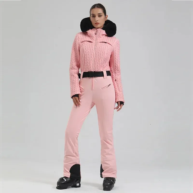 Women's Warm Ski Jumpsuit Windproof Waterproof Outdoor Snowfield Tracksuit with Hoodie