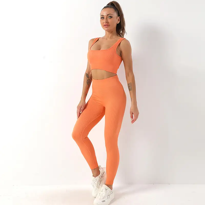 Two-Piece Ribbed Seamless Yoga Ensemble for Women Workout Attire Including Sports Bra and High-Waisted Leggings