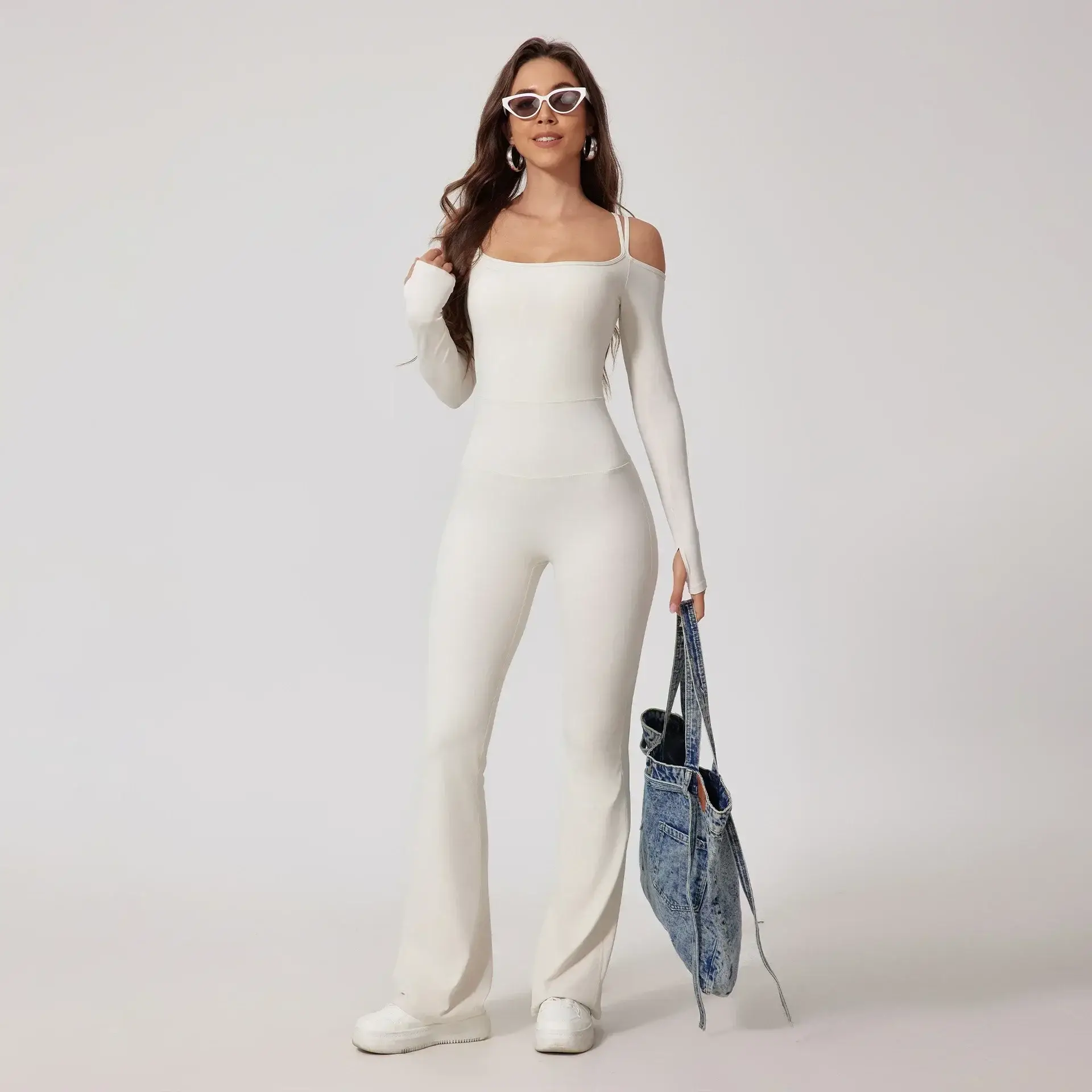Seamless Yoga Jumpsuit High-Waist Hip-Lifting Long-Sleeve Flared Pants Set for Women’s Fitness