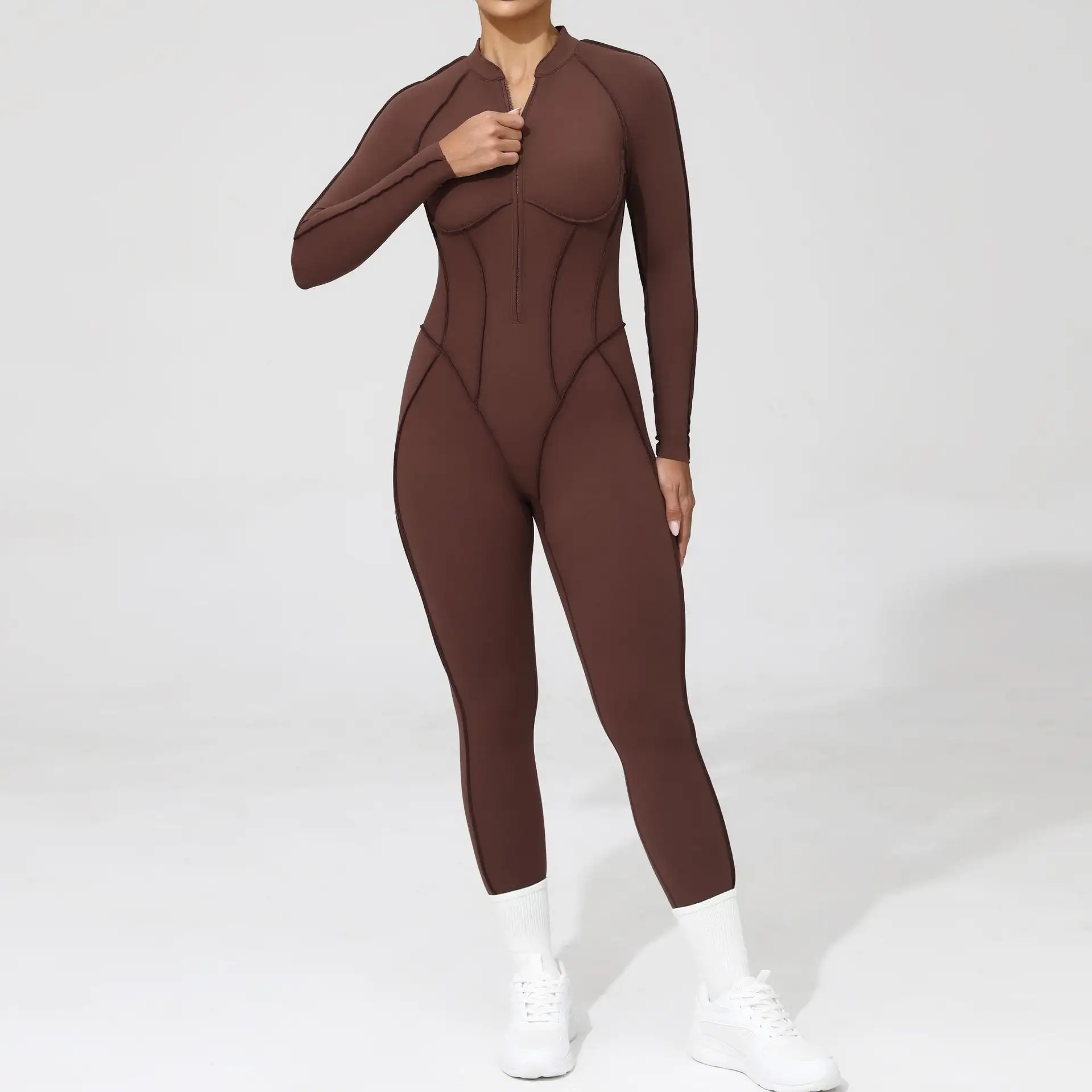 Long-Sleeved Yoga Jumpsuit Half-Open Zipper Open Back Outdoor Fitness Clothing for Women