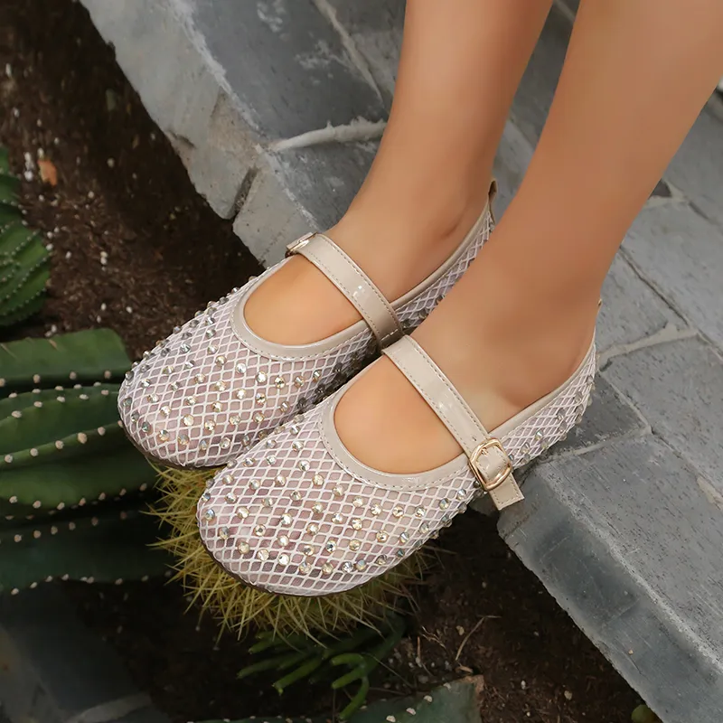 Women's Mesh Ballet Flat Crystal Rhinestone Mary Jane Sandals Summer Round Toe Soft Bottom Casual Footwear