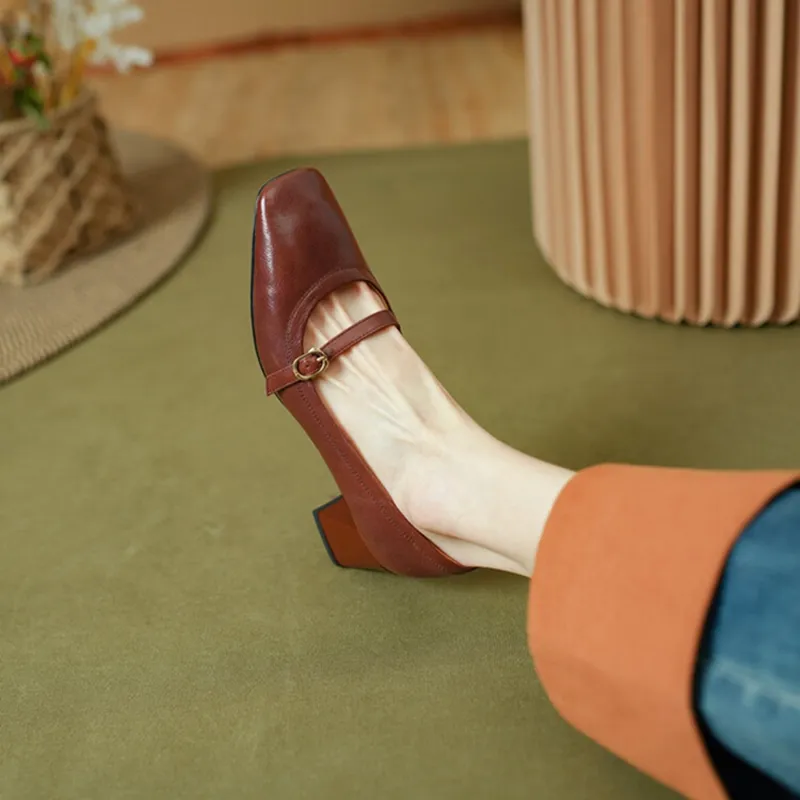 Women's Genuine Leather Square Toe Chunky Heel Mary Jane Simple Black Buckle High Heels