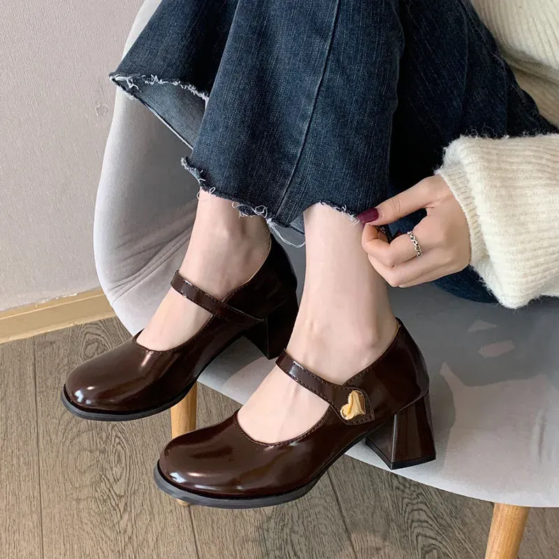 Mary Jane Women's Thick High Heels Buckle Lolita Casual Genuine Leather Loafers Pumps