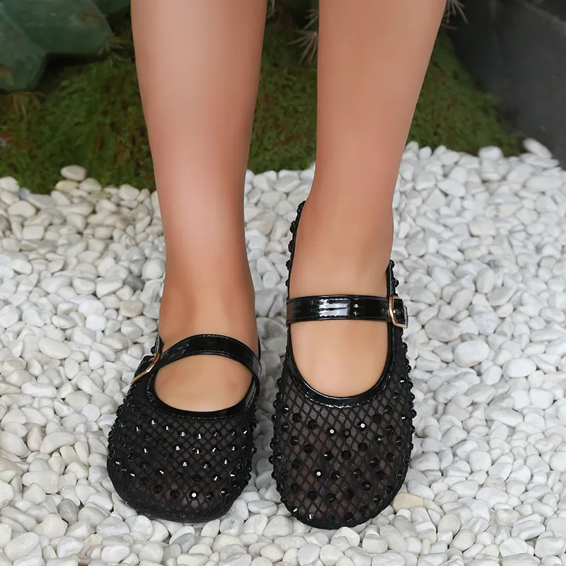 Women's Mesh Ballet Flat Crystal Rhinestone Mary Jane Sandals Summer Round Toe Soft Bottom Casual Footwear