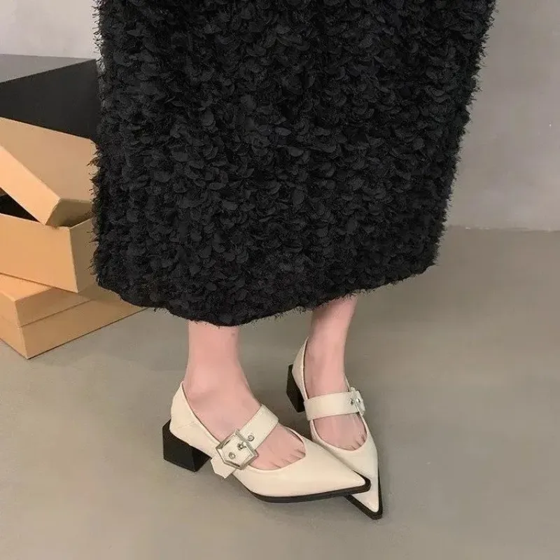 Women's Ballet Flats Pointed Toe Rivet Pumps Thick Soled Mary Jane Shoes