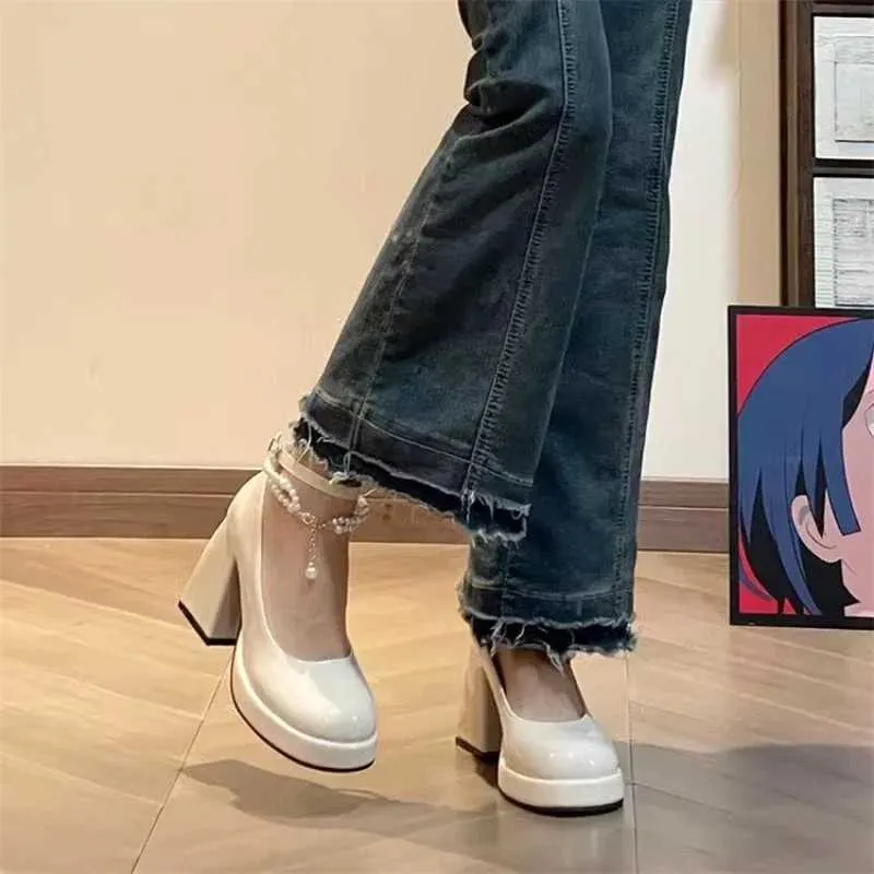 Mary Jane Women's Spring Autumn Buckle Solid Color Thick Bottom Round Thick Heel High Heels