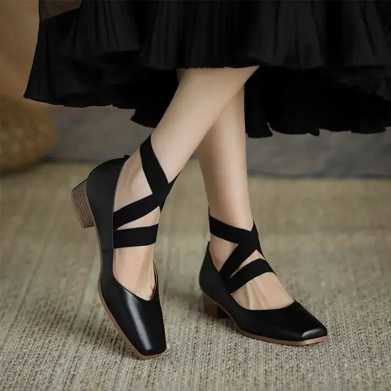 Women's Summer Black Square Toe Japanese Lolita Mid Heel Mary Jane Shoes