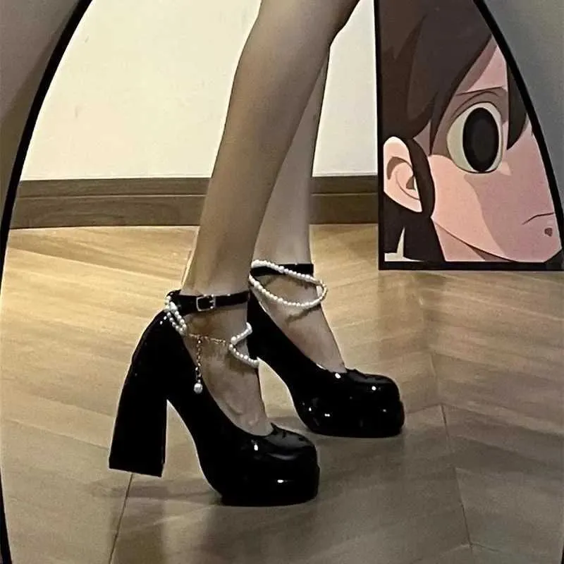 Mary Jane Women's Spring Autumn Buckle Solid Color Thick Bottom Round Thick Heel High Heels