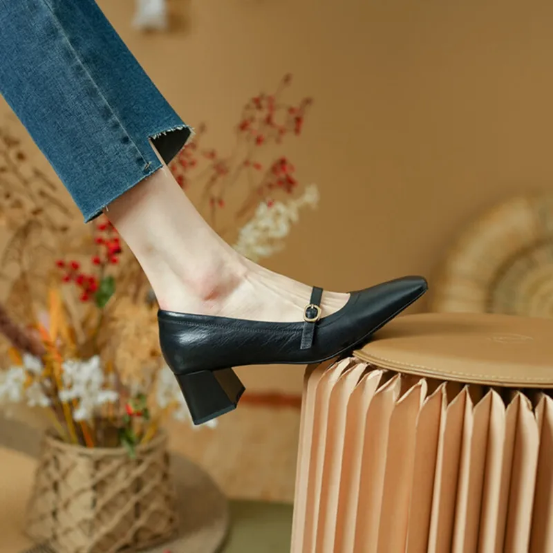 Women's Genuine Leather Square Toe Chunky Heel Mary Jane Simple Black Buckle High Heels
