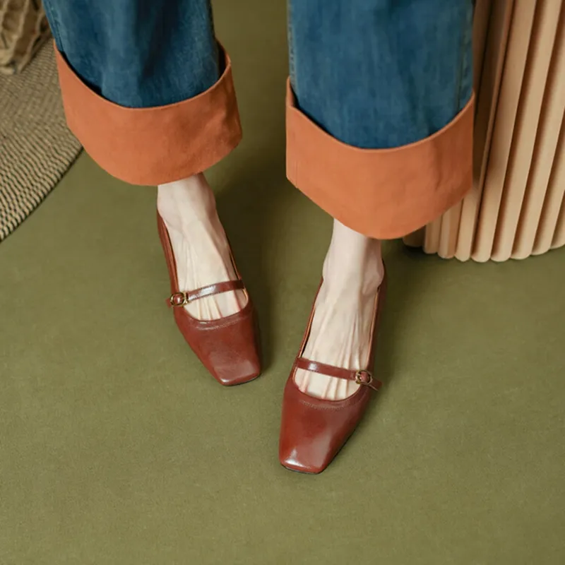 Women's Genuine Leather Square Toe Chunky Heel Mary Jane Simple Black Buckle High Heels