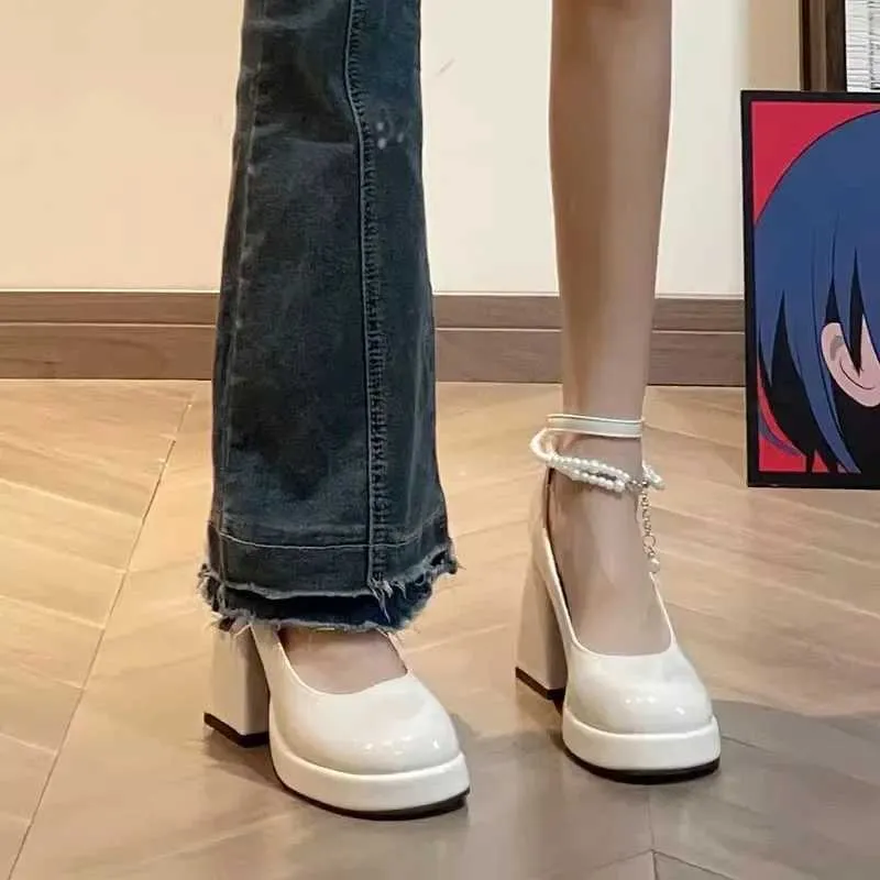 Mary Jane Women's Spring Autumn Buckle Solid Color Thick Bottom Round Thick Heel High Heels