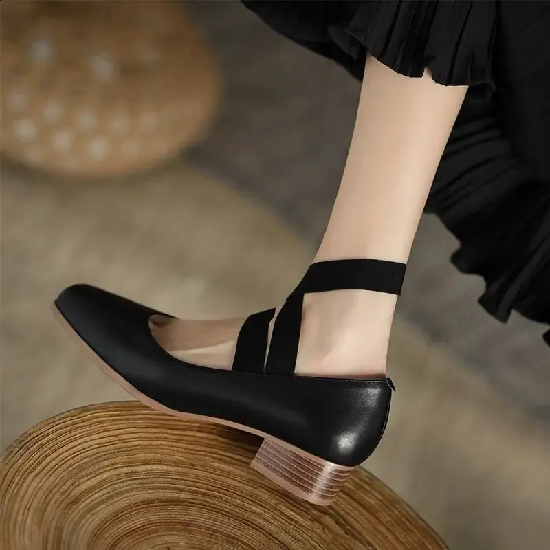 Women's Summer Black Square Toe Japanese Lolita Mid Heel Mary Jane Shoes