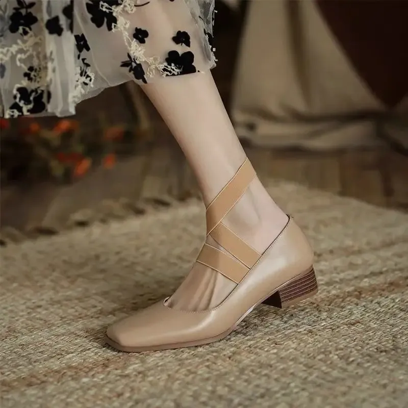 Women's Summer Black Square Toe Japanese Lolita Mid Heel Mary Jane Shoes