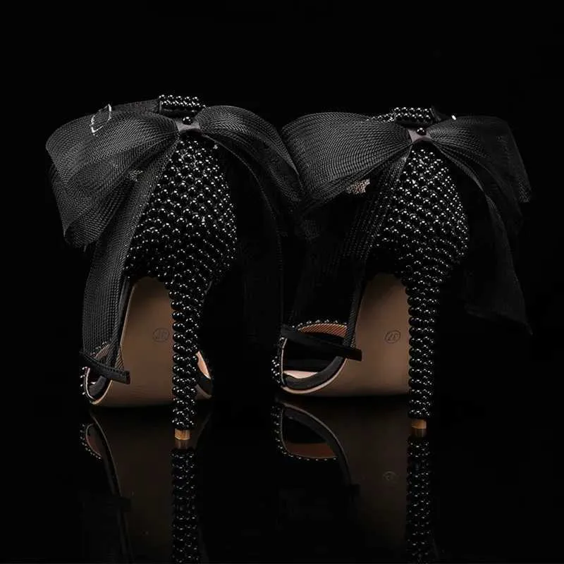 Summer Bowknot Beading Women Gladiator Sandals Pearls White Thin High Heels Wedding Bridal Party Shoes