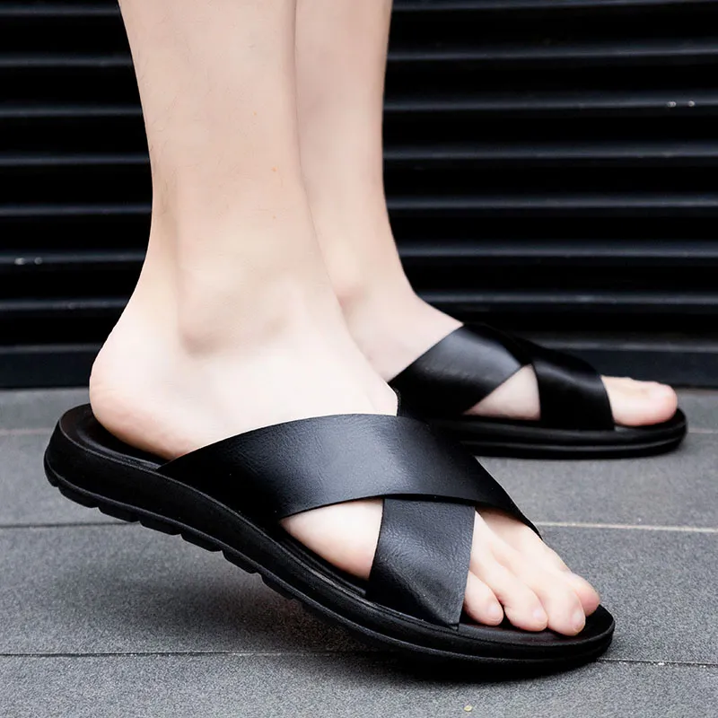 Men Shoes Leather Slippers Men Beach Summer Shoes High Quality