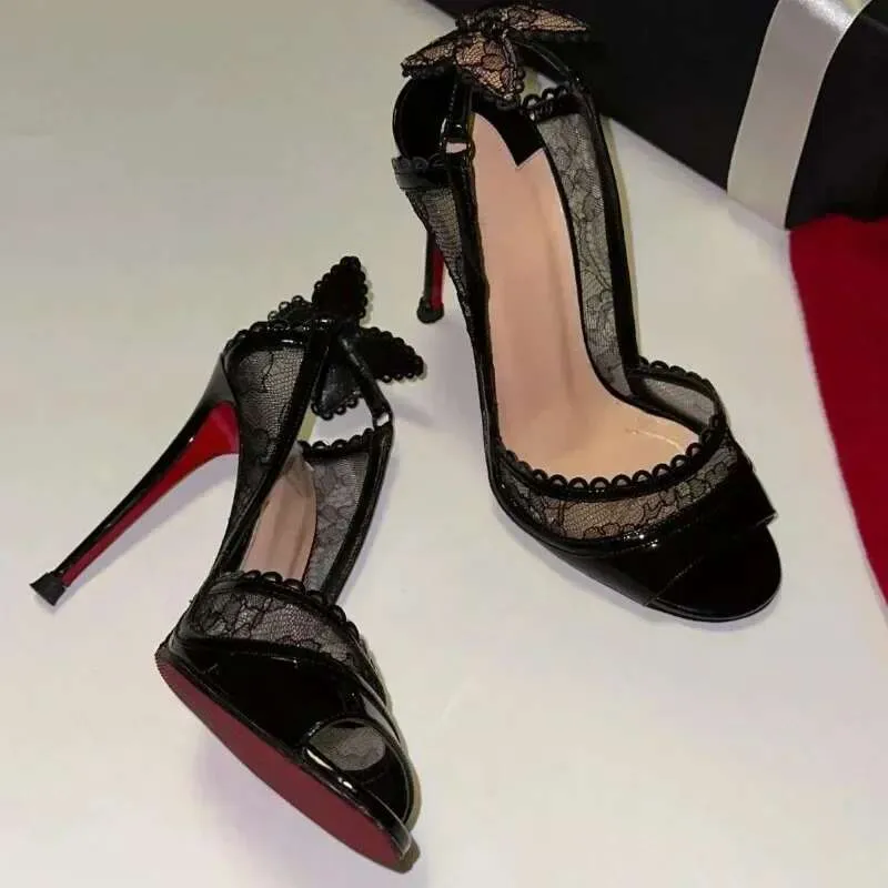 Lace Bowknot Thin High Heels Fish Mouth Striptease Banquet Dress Shoes Fashion Sandals Women