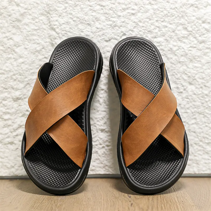 Men's Lightweight Artificial Leather Slides, Cross-Strap Slip-On Beach Flats for Indoor and Outdoor Use