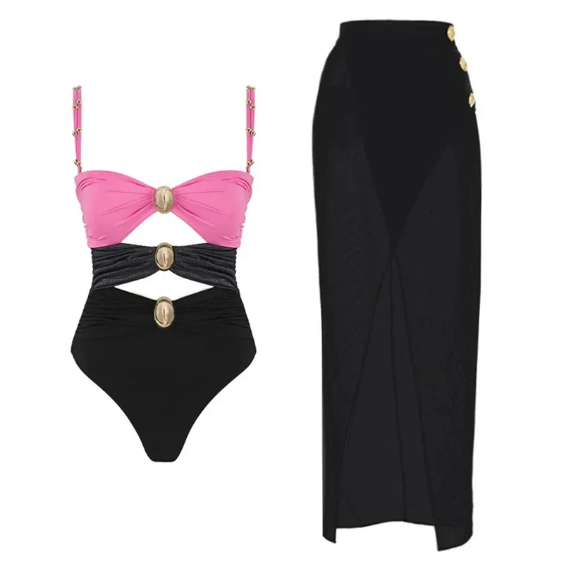 One Piece Swimsuit for Women Swimwear Maxi Beach Dress Cover-Up Bikini Set with Sarong and Biquini