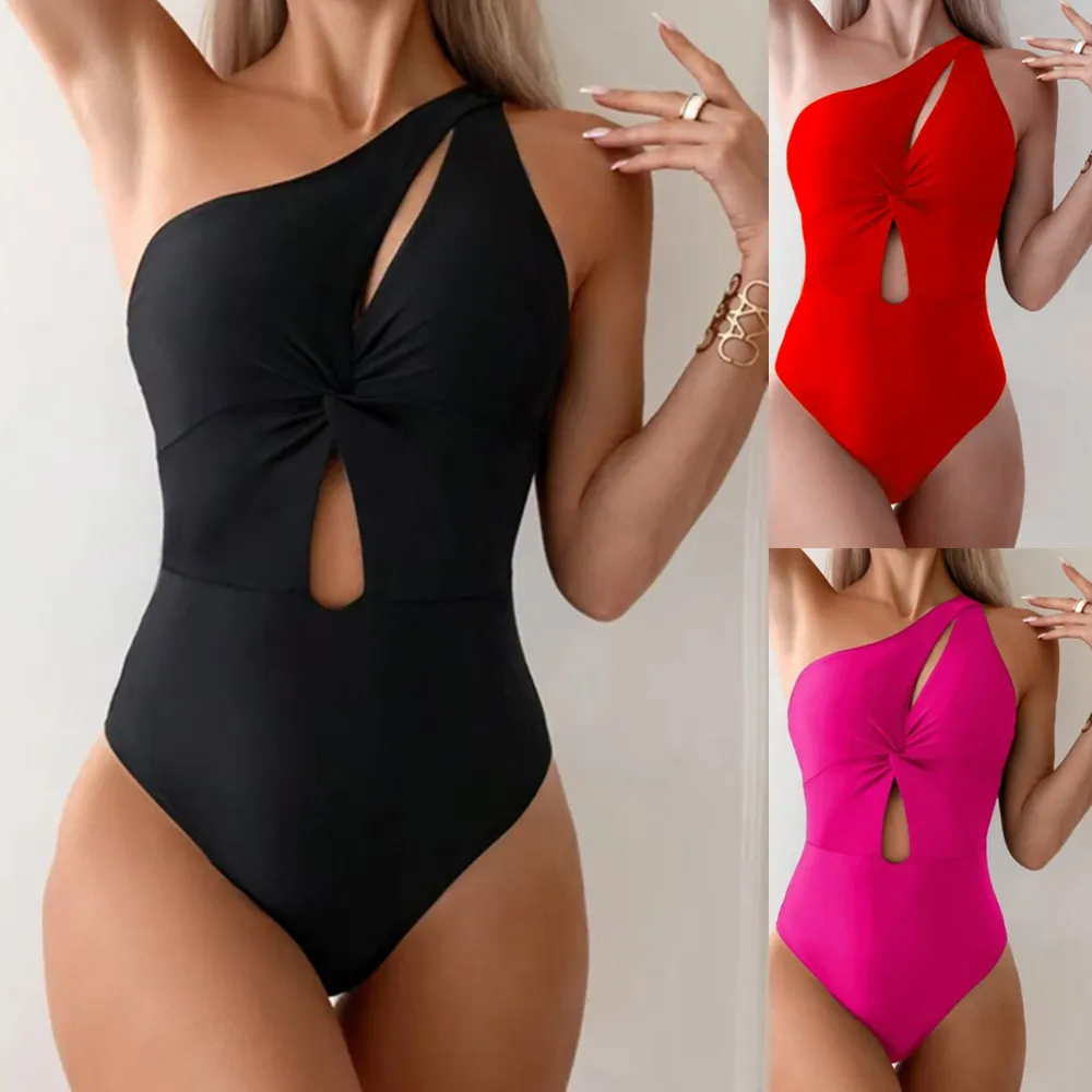Women One Shoulder Swimsuit Fashion Hollow Out One Piece Swimwear Solid Colors Female Pool Bather Swmming Bodysuit Modest Bathing Suit