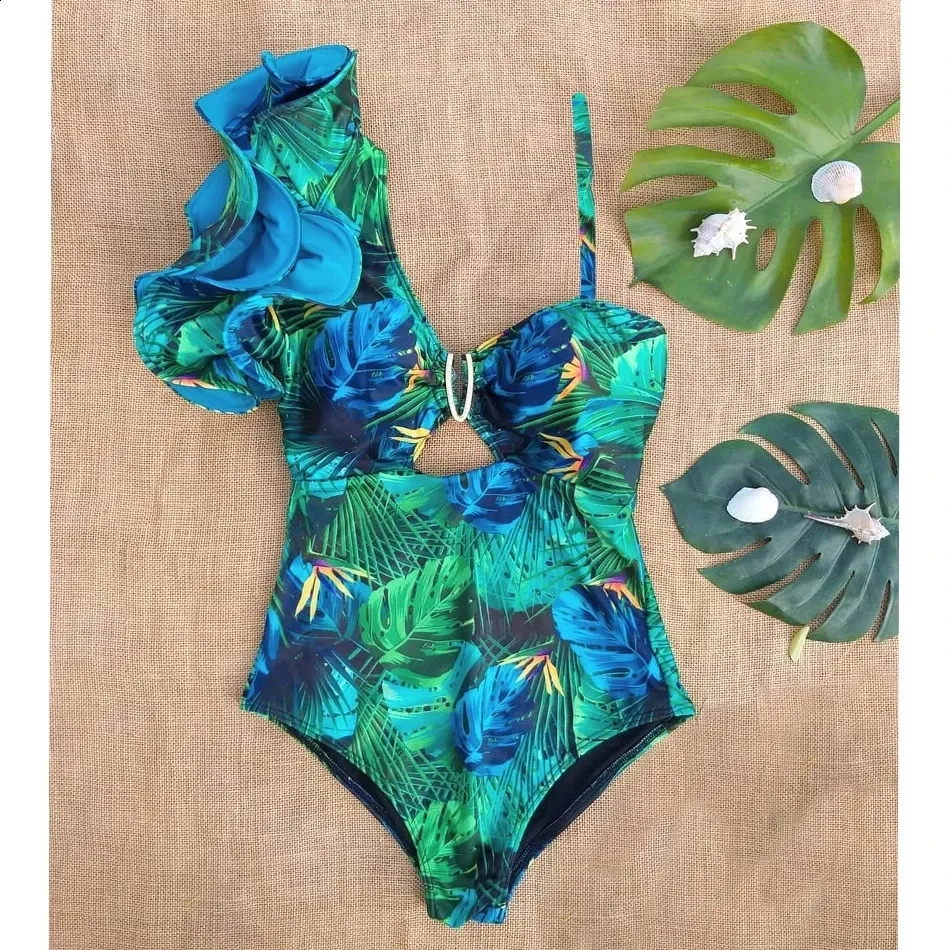 Single Shoulder Ruffled Tropical Print Swimsuit One-Piece Bathing Suit for Women