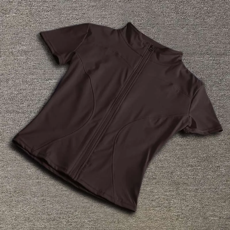 Summer High Quality Waist Slimming Training Tops Women's Quick-drying Tight Stand Collar Full Zipper Short Sleeves Shirts