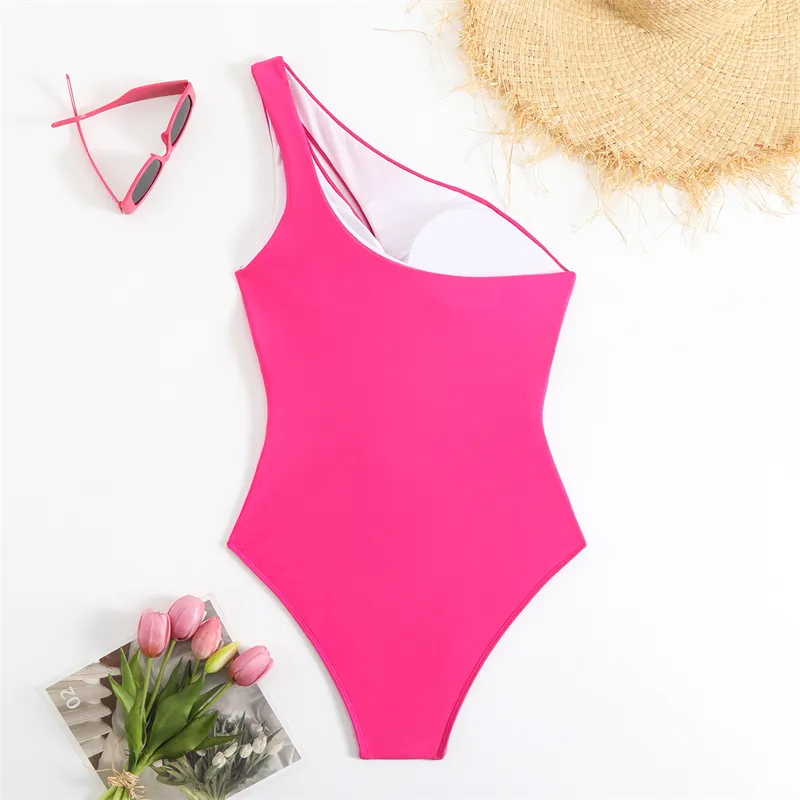 One Shoulder Women’s Swimsuit Solid Color Hollow Out Bodysuit Modest One-Piece Swimwear for Pool