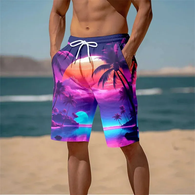 Summer 3D Coconut Tree Print Beach Shorts for Men Swim Trunks Boardshorts