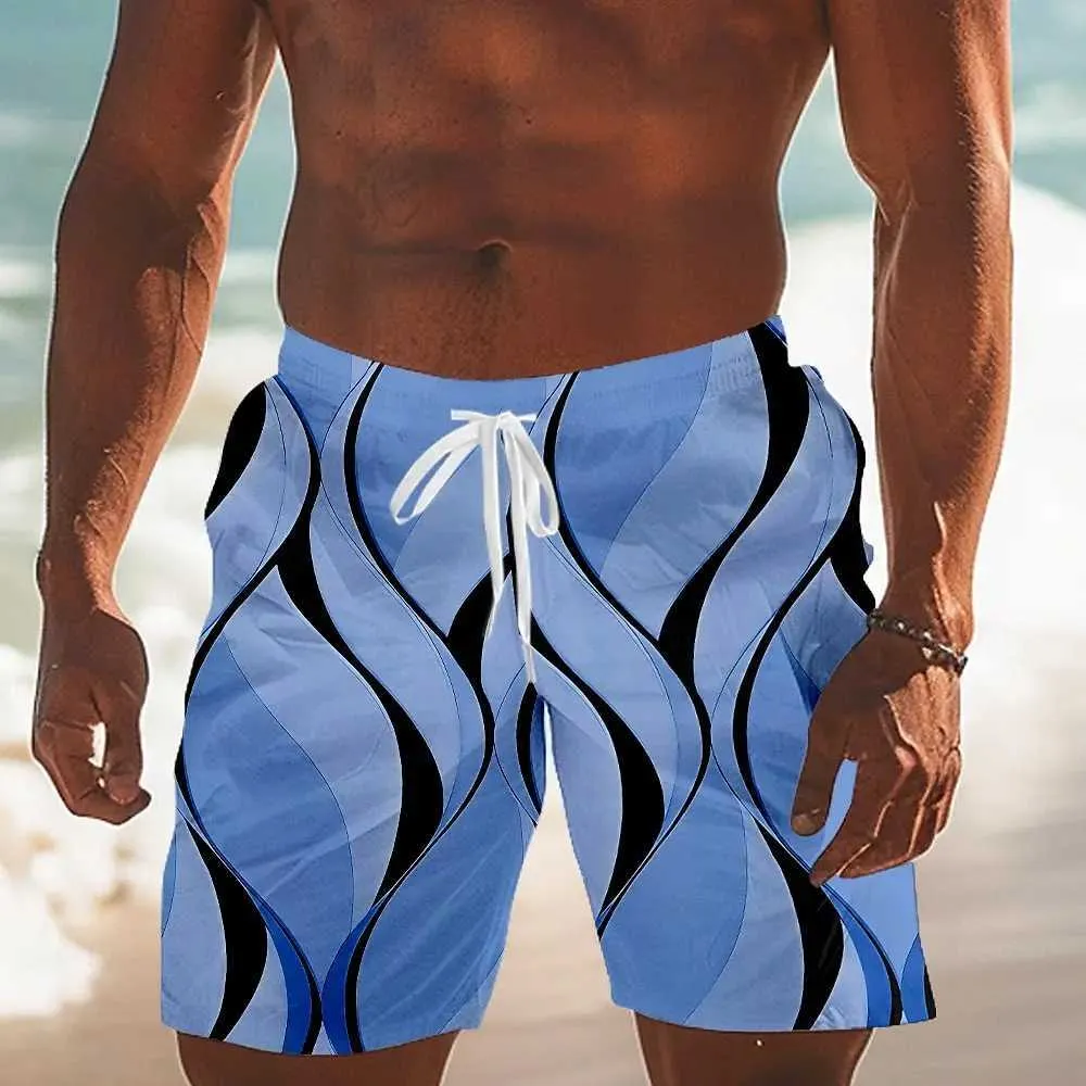 Quick Dry Outdoor Leisure Shorts for Men Simple 3D Line Print Swimwear