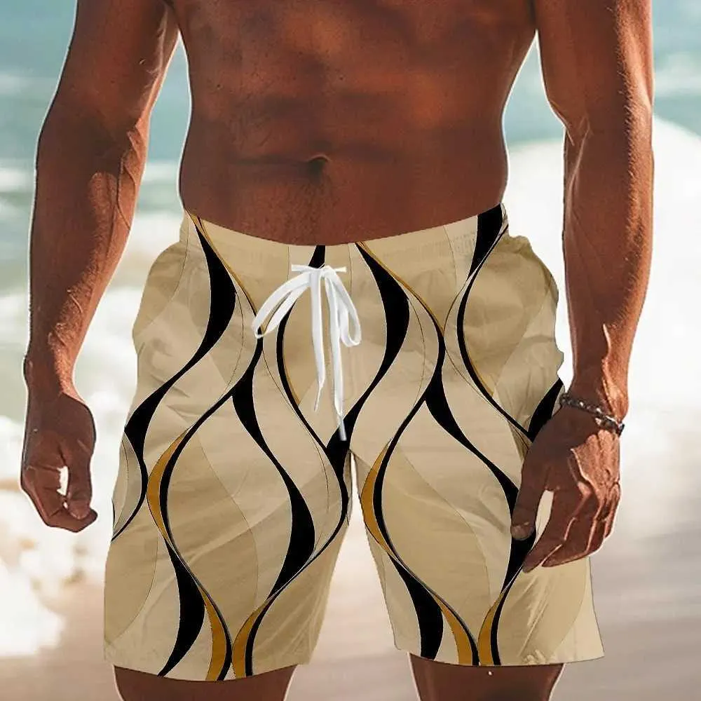 Quick Dry Outdoor Leisure Shorts for Men Simple 3D Line Print Swimwear