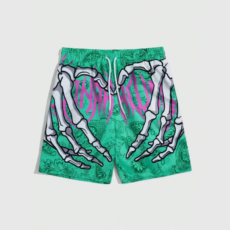 Men’s Summer Beach Shorts Skeleton Hand 3D Print Surf Trunks Loose Fit