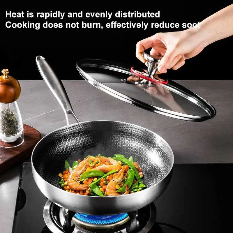 316 Stainless Steel Frying Pan Non-Coated Honeycomb Double-Sided Nonstick Cookware for Gas Stove and Induction