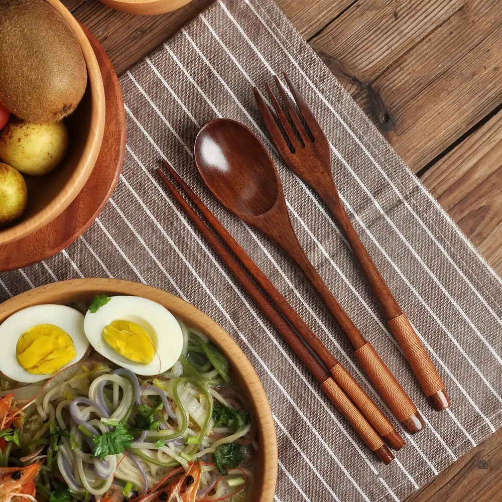 3 Pieces Tableware Natural Wood Dinnerware ...