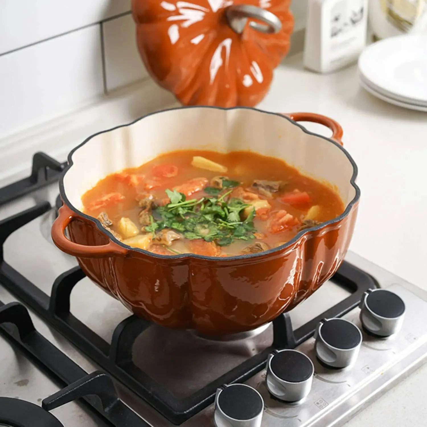 Pumpkin-Shaped Enameled Cast Iron Pot Enamel Coated Non-Stick Casserole for All Heat Sources