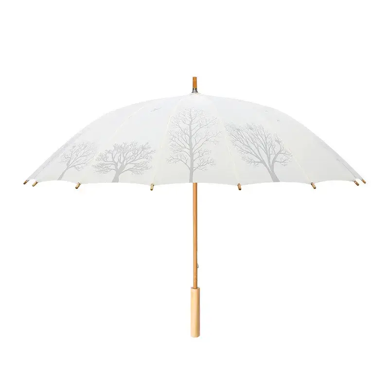 Wooden Umbrella Woman 16 Bones Long Handle Umbrell...