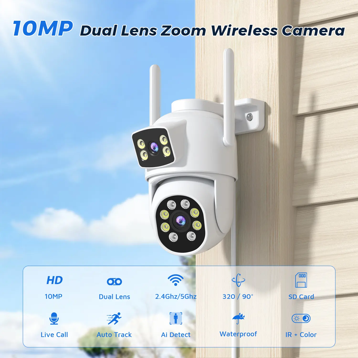 10MP Dual-Lens Outdoor WiFi IP Camera  5GHz Smart CCTV with Night Vision & Auto Tracking