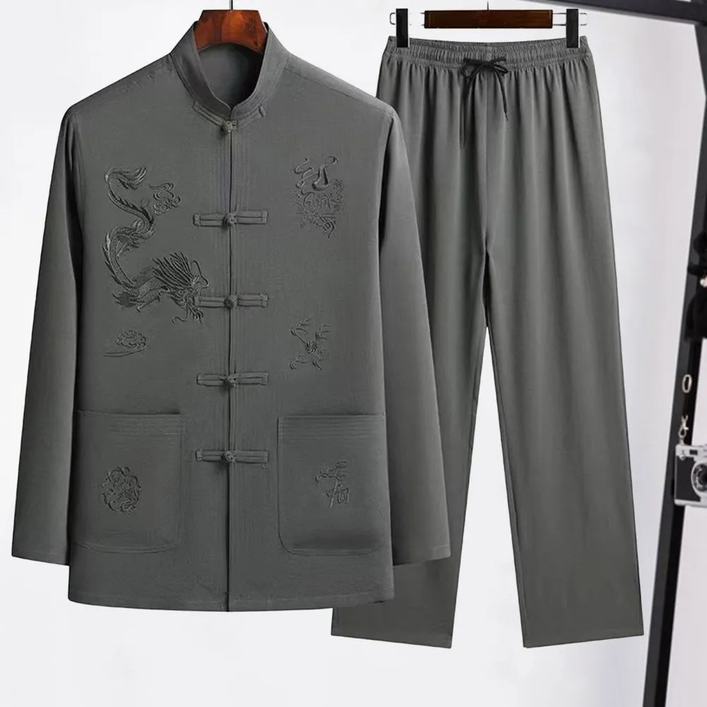 Men Top Trousers Set Chinese Tang Suit Men's Shirt Pants Set with Stand Collar Single-breasted Design Wide Leg for Father