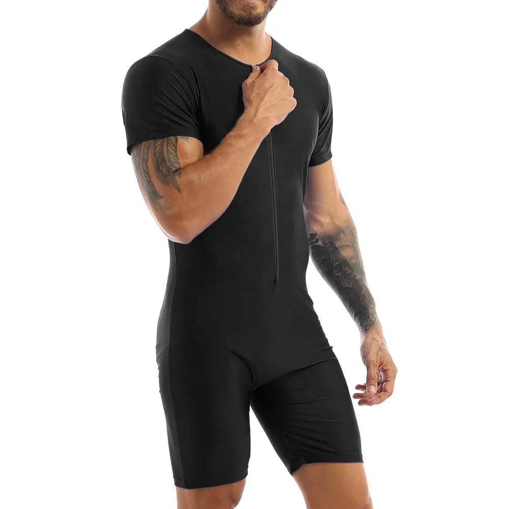 Swimwear Mens Gymnastics Leotard Tight Bodysuit Short Sleeve Front Zipper Boxer Briefs Shorts Leotard Body Suit Male Jumpsuit